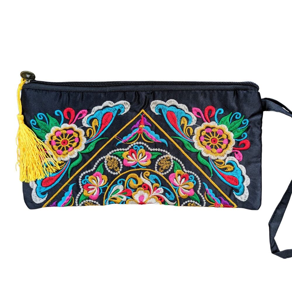 Wristlet Clutch Bag Boho Ethnic Embroidered Colorful Bright Floral Fabric NEW